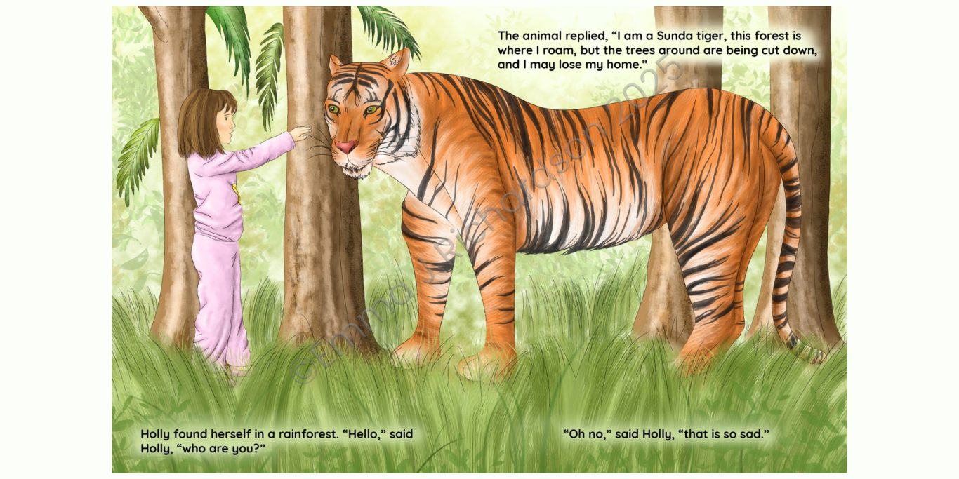 Holly meets a tiger Sample spread from Holly's Animals