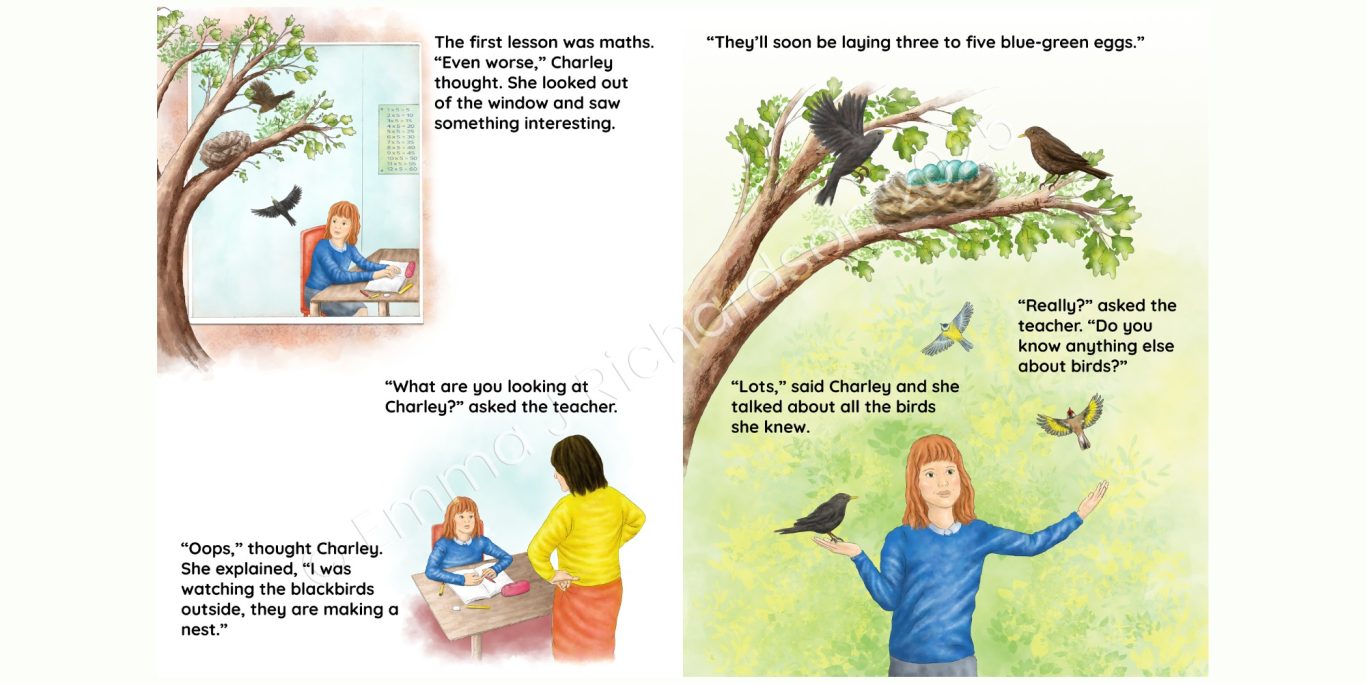 Charley with birds Final spread for Charley's Challenge